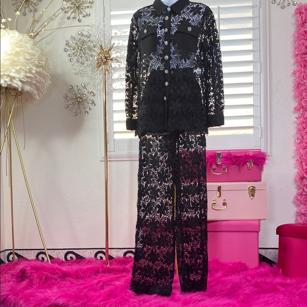 Luxe Black Eyelet Lace Set with Crystal Buttons